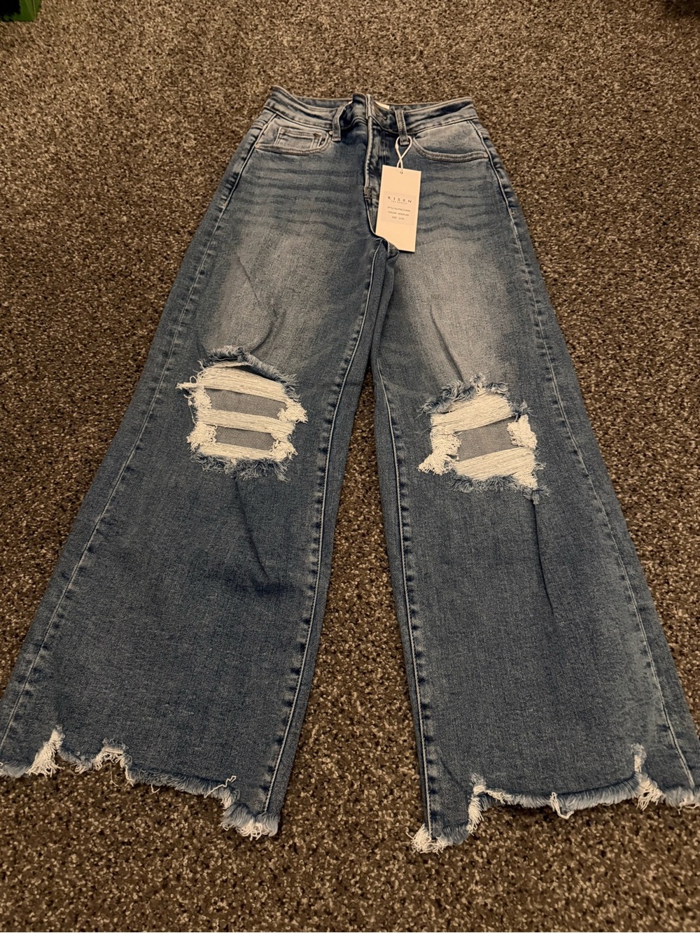 High-Rise Wide Leg Distressed Jeans - Medium Blue